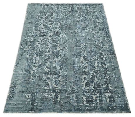 Modern Abstract Gray, Blue, Charcoal and Ivory 5x8 Hand loom wool and Viscose Area Rug