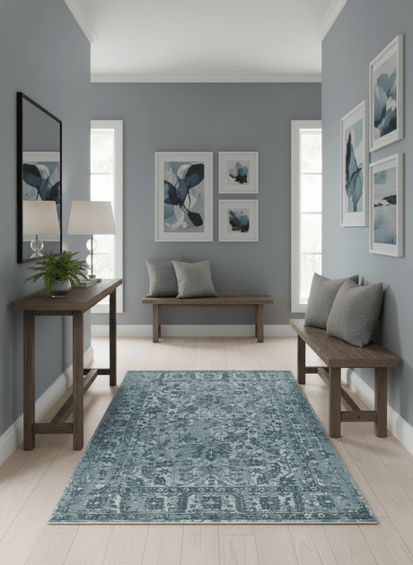 Modern Abstract Gray, Blue, Charcoal and Ivory 5x8 Hand loom wool and Viscose Area Rug