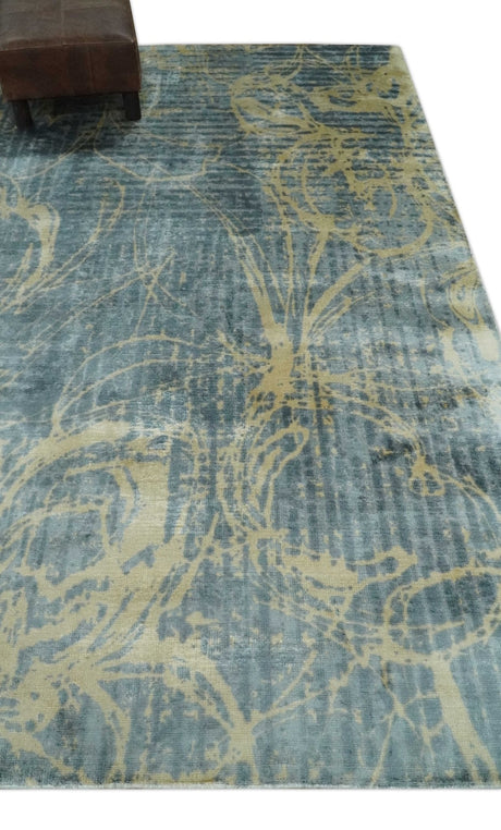 Modern Abstract Gray, Olive and Beige 5x8 Hand loom Viscose Area Rug