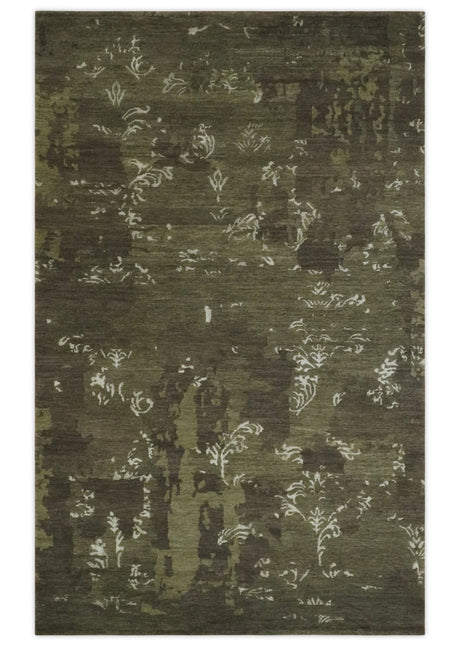 Modern Abstract Green and Silver Hand loom wool and Art Silk Area Rug-Area Rug-Parc Decor