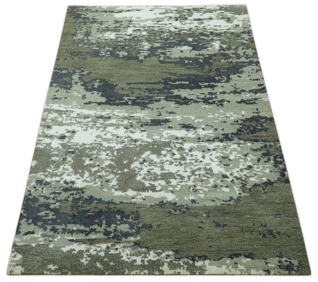 Modern abstract Green, Charcoal, Ivory and silver Hand Knotted 5x8 wool Area Rug