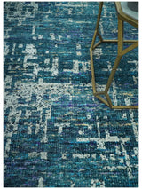 Modern Abstract Hand Knotted Teal and Ivory Contemporary Recycled Silk Area Rug