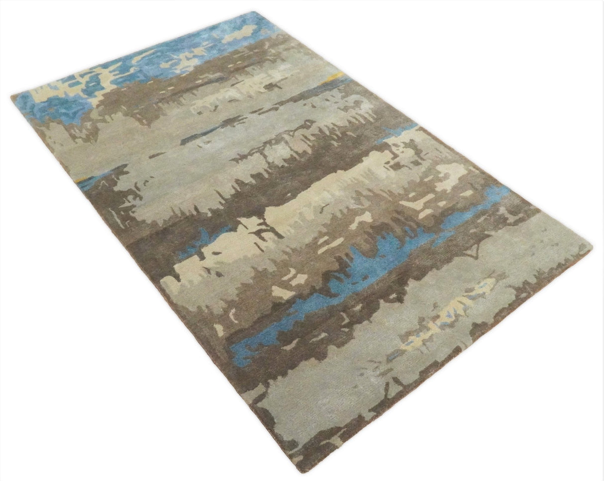 Modern Abstract Hand Tufted brown and Blue fine Wool art silk 5x8 Area Rug