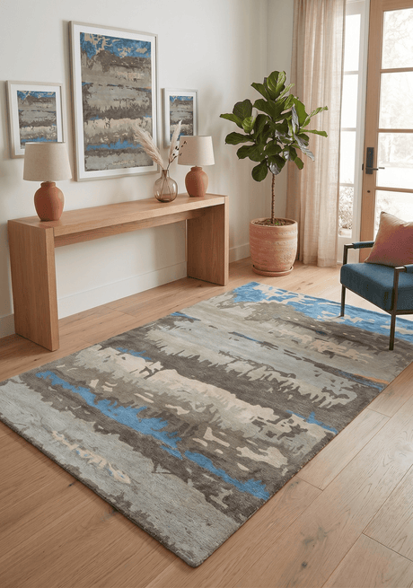 Modern Abstract Hand Tufted brown and Blue fine Wool art silk 5x8 Area Rug