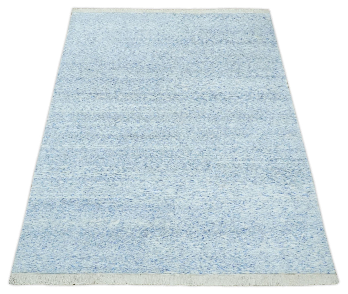 Modern Abstract Ivory and Blue 5.6x8 Hand Knotted Bamboo Silk Area Rug
