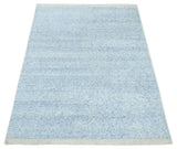 Modern Abstract Ivory and Blue 5.6x8 Hand Knotted Bamboo Silk Area Rug