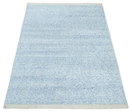 Modern Abstract Ivory and Blue 5.6x8 Hand Knotted Bamboo Silk Area Rug