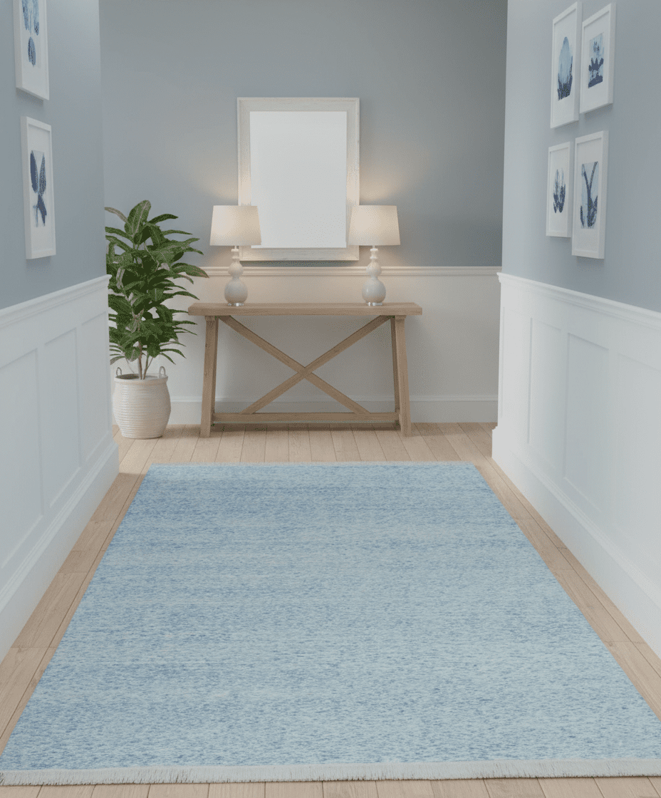 Modern Abstract Ivory and Blue 5.6x8 Hand Knotted Bamboo Silk Area Rug