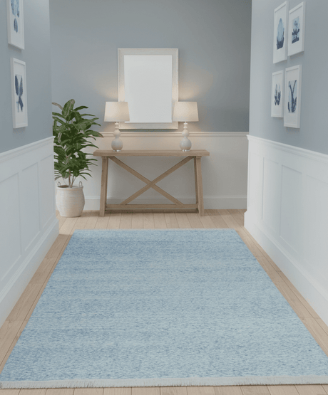 Modern Abstract Ivory and Blue 5.6x8 Hand Knotted Bamboo Silk Area Rug