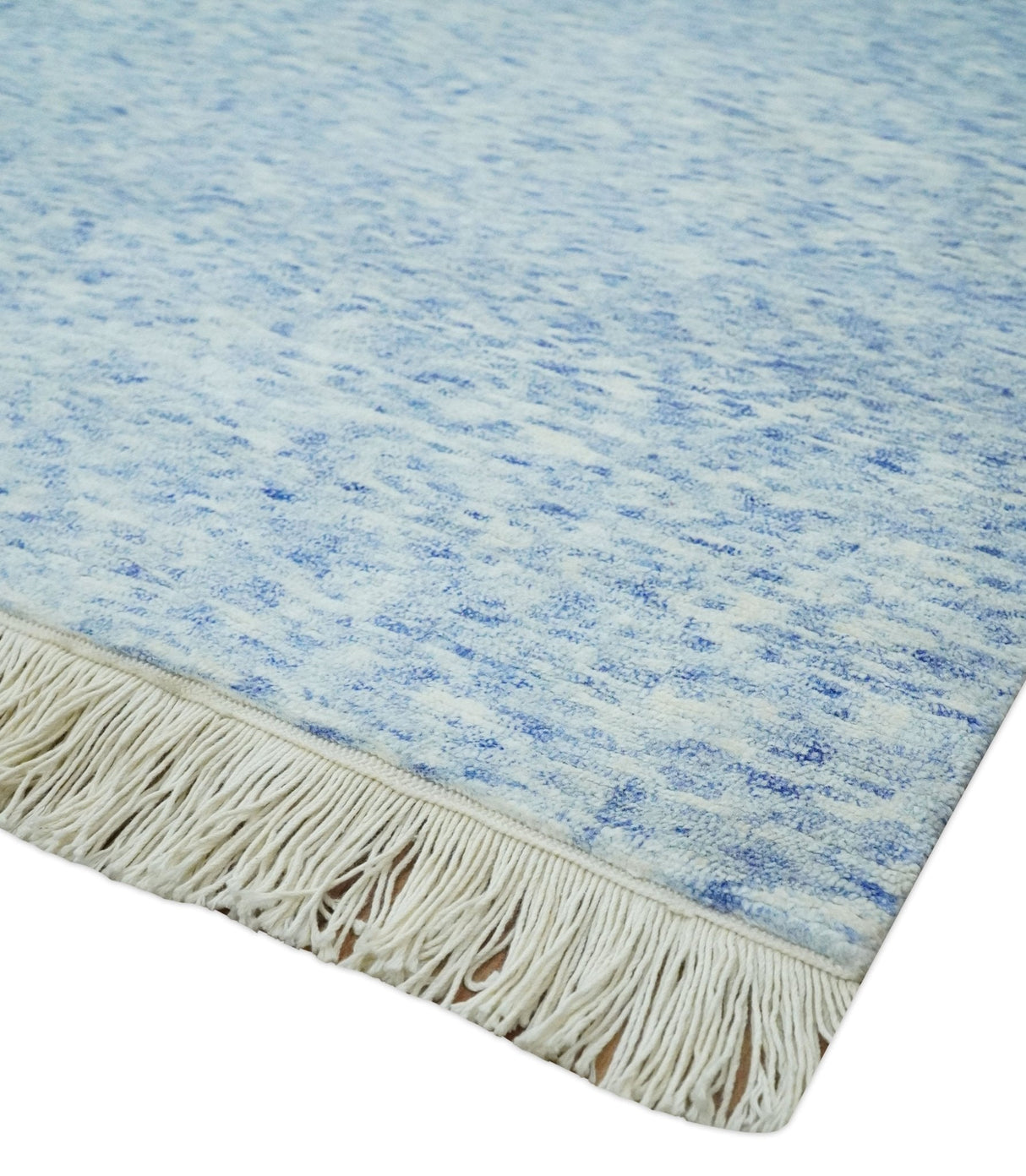 Modern Abstract Ivory and Blue 5.6x8 Hand Knotted Bamboo Silk Area Rug
