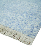 Modern Abstract Ivory and Blue 5.6x8 Hand Knotted Bamboo Silk Area Rug