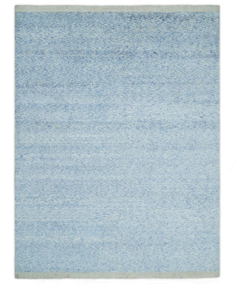 Modern Abstract Ivory and Blue 5.6x8 Hand Knotted Bamboo Silk Area Rug