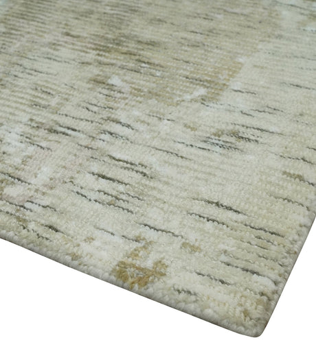 Modern Abstract Ivory, Green and Charcoal 5x8 Hand loom Wool and Viscose Area Rug