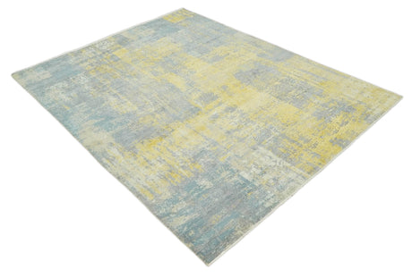 Modern Abstract Mustard, Gray, Teal and Ivory texture Hand Knotted 8x10 wool and Art Silk area rug