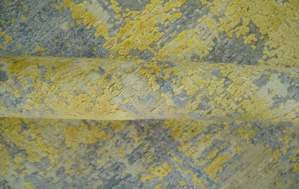 Modern Abstract Mustard, Gray, Teal and Ivory texture Hand Knotted 8x10 wool and Art Silk area rug