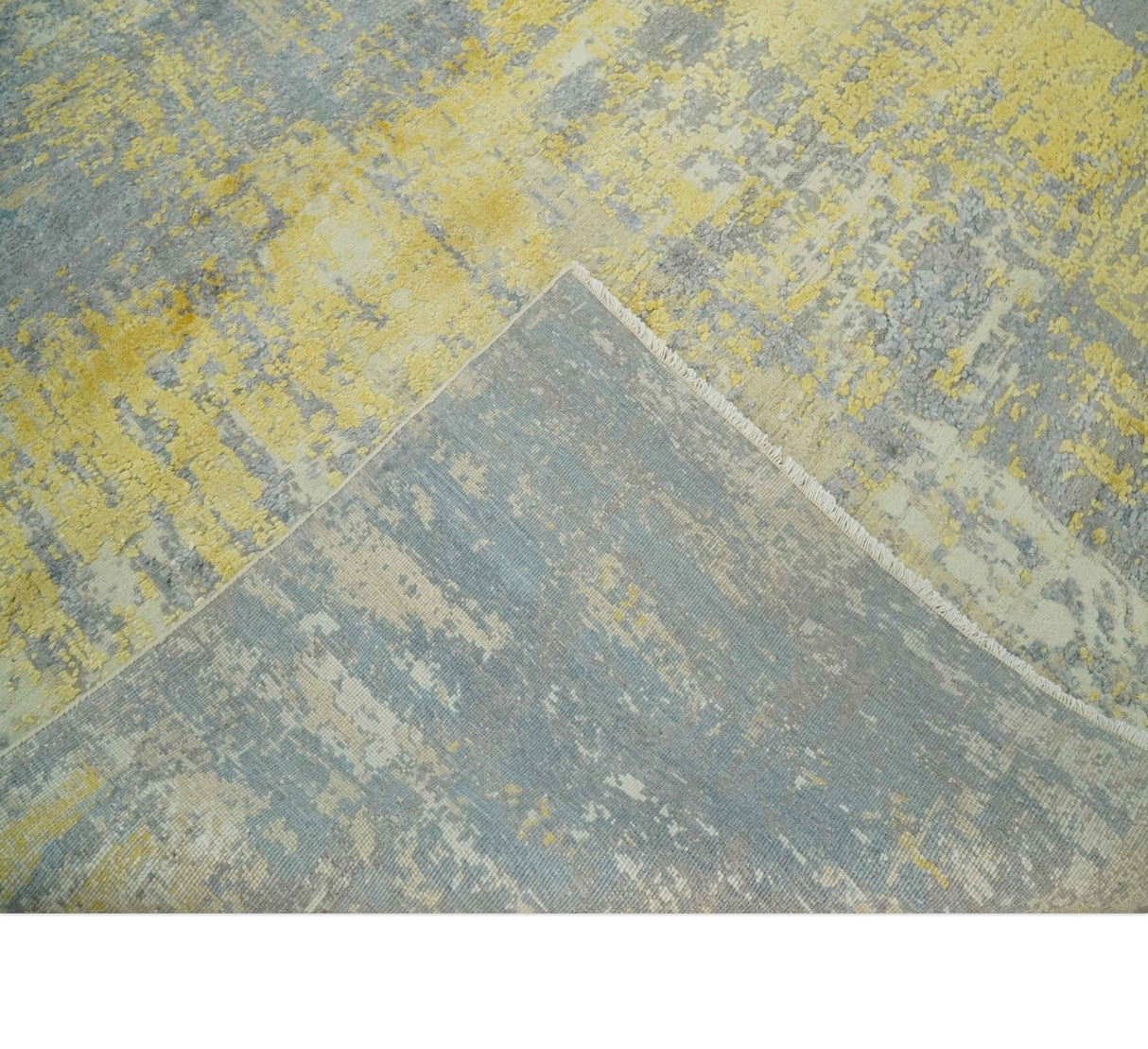 Modern Abstract Mustard, Gray, Teal and Ivory texture Hand Knotted 8x10 wool and Art Silk area rug