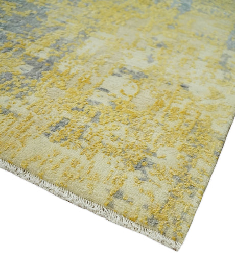 Modern Abstract Mustard, Gray, Teal and Ivory texture Hand Knotted 8x10 wool and Art Silk area rug