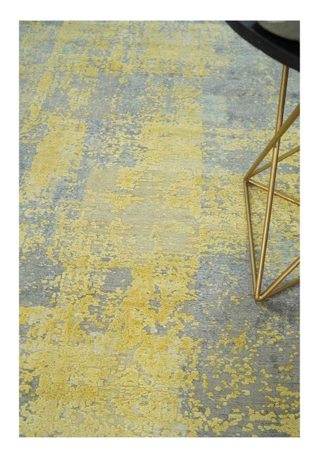 Modern Abstract Mustard, Gray, Teal and Ivory texture Hand Knotted 8x10 wool and Art Silk area rug-Area Rug-Parc Decor