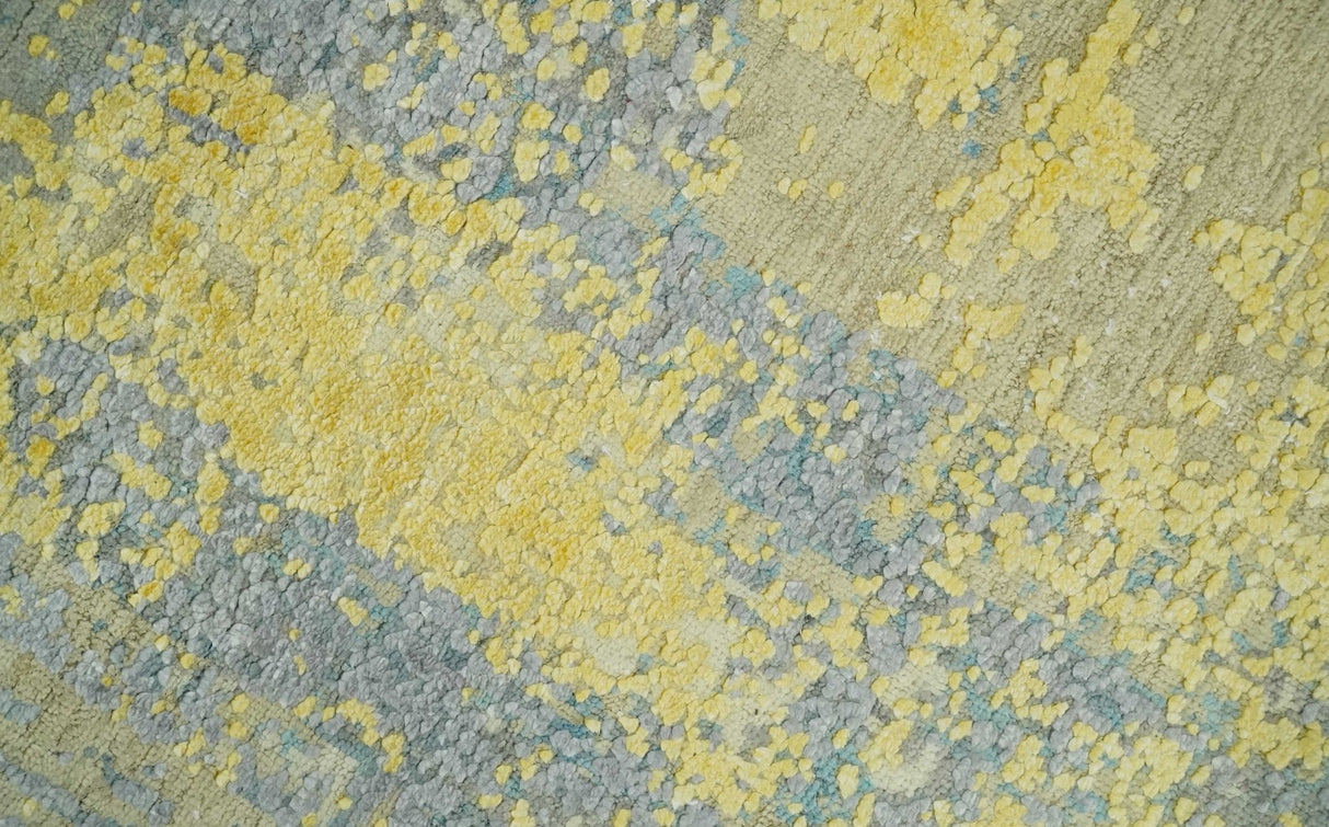 Modern Abstract Mustard, Gray, Teal and Ivory texture Hand Knotted 8x10 wool and Art Silk area rug-Area Rug-Parc Decor