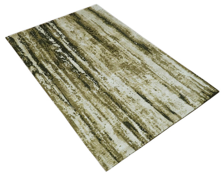 Modern Abstract Olive, ivory and Green Hand Knotted 5x8 wool and Art Silk Area Rug