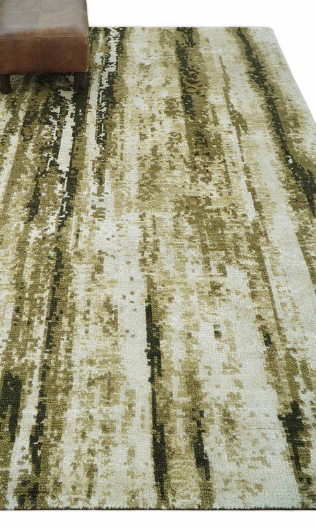 Modern Abstract Olive, ivory and Green Hand Knotted 5x8 wool and Art Silk Area Rug