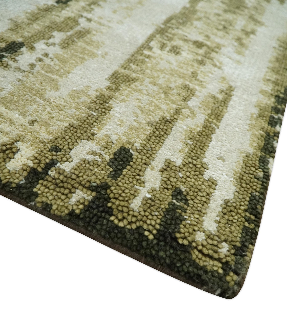 Modern Abstract Olive, ivory and Green Hand Knotted 5x8 wool and Art Silk Area Rug