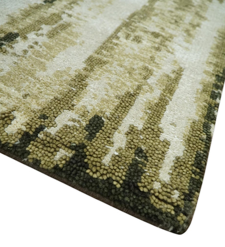 Modern Abstract Olive, ivory and Green Hand Knotted 5x8 wool and Art Silk Area Rug