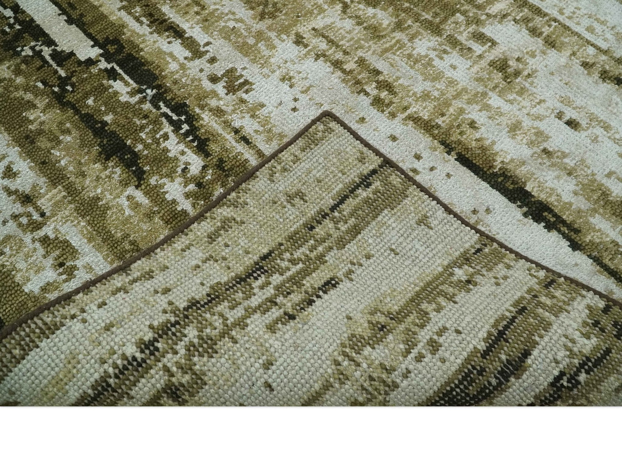 Modern Abstract Olive, ivory and Green Hand Knotted 5x8 wool and Art Silk Area Rug