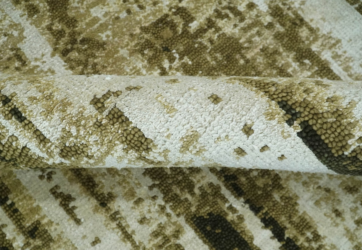 Modern Abstract Olive, ivory and Green Hand Knotted 5x8 wool and Art Silk Area Rug