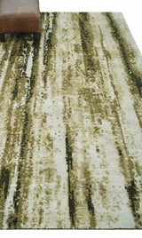 Modern Abstract Olive, ivory and Green Hand Knotted 5x8 wool and Art Silk Area Rug-Area Rug-Parc Decor