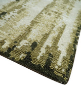 Modern Abstract Olive, ivory and Green Hand Knotted 5x8 wool and Art Silk Area Rug-Area Rug-Parc Decor