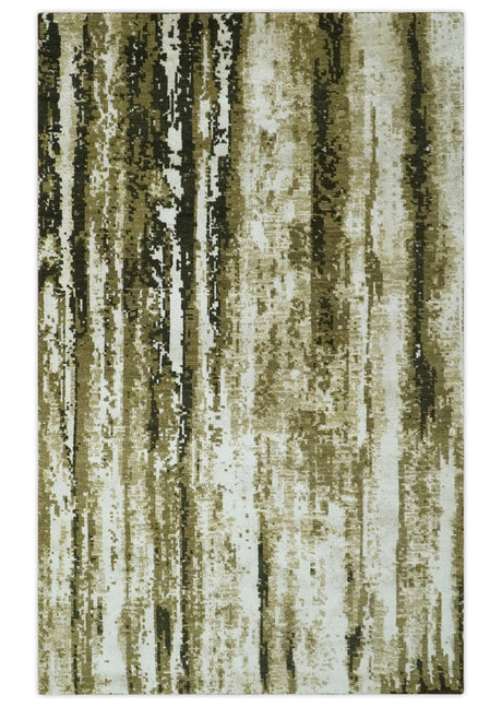 Modern Abstract Olive, ivory and Green Hand Knotted 5x8 wool and Art Silk Area Rug-Area Rug-Parc Decor