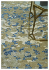Modern abstract Olive, Ivory, Blue and Silver Hand Knotted 5.6x8 wool Area Rug