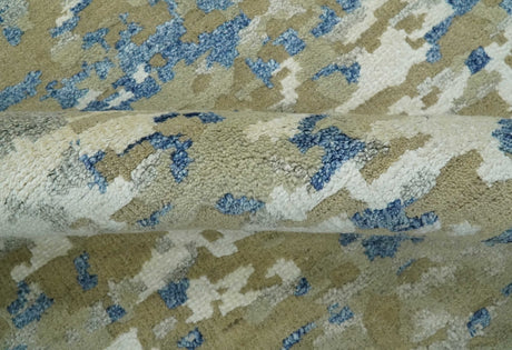 Modern abstract Olive, Ivory, Blue and Silver Hand Knotted 5.6x8 wool Area Rug