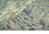 Modern abstract Olive, Ivory, Blue and Silver Hand Knotted 5.6x8 wool Area Rug