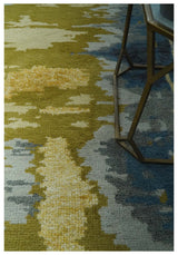 Modern Abstract Olive, Silver, Blue and Charcoal 5x8 Hand Knotted wool Area Rug