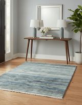 Modern Abstract Pattern Blue And Silver Hand Knotted 4x6 Bamboo Silk Area Rug