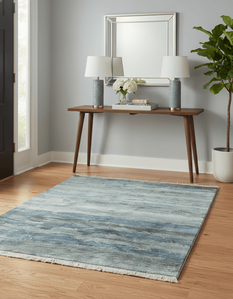 Modern Abstract Pattern Blue And Silver Hand Knotted 4x6 Bamboo Silk Area Rug