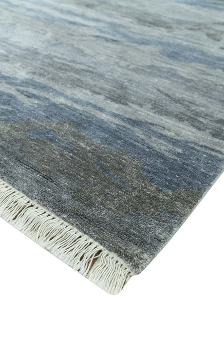 Modern Abstract Pattern Blue And Silver Hand Knotted 4x6 Bamboo Silk Area Rug