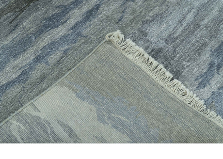 Modern Abstract Pattern Blue And Silver Hand Knotted 4x6 Bamboo Silk Area Rug