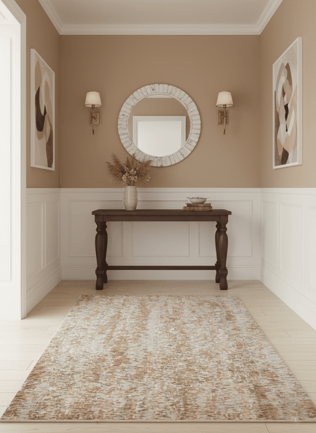 Modern Abstract Peach, Ivory, Gold and Charcoal Hand loom 5x8 Wool and Viscose Area Rug
