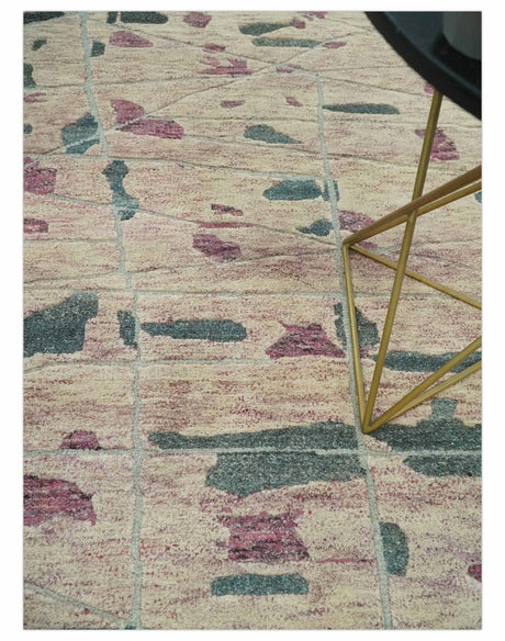 Modern Abstract Pink, Purple, Beige and Green Hand Knotted 5x8 wool Area Rug