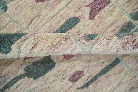 Modern Abstract Pink, Purple, Beige and Green Hand Knotted 5x8 wool Area Rug