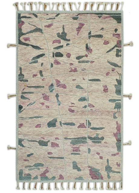 Modern Abstract Pink, Purple, Beige and Green Hand Knotted 5x8 wool Area Rug