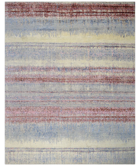 Modern Abstract Rust And Blue Hand Knotted Bamboo Silk 8x10 Area Rug