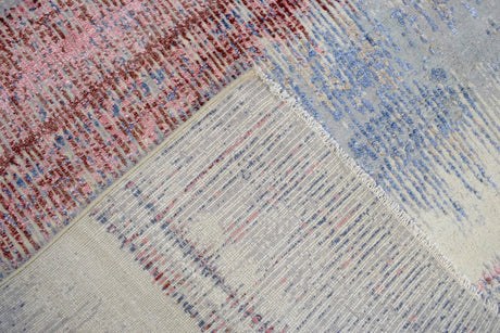 Modern Abstract Rust And Blue Hand Knotted Bamboo Silk 8x10 Area Rug