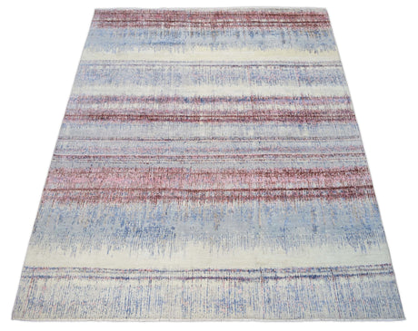 Modern Abstract Rust And Blue Hand Knotted Bamboo Silk 8x10 Area Rug