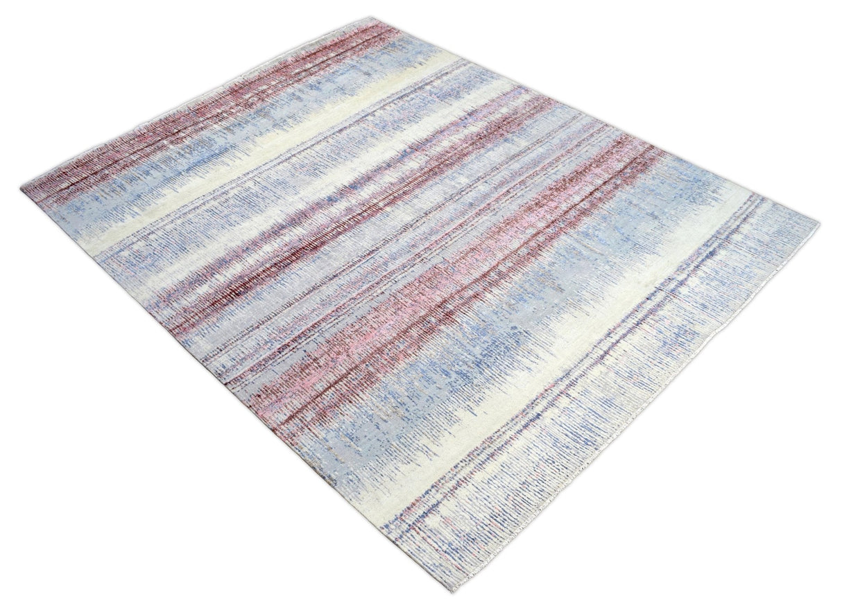 Modern Abstract Rust And Blue Hand Knotted Bamboo Silk 8x10 Area Rug