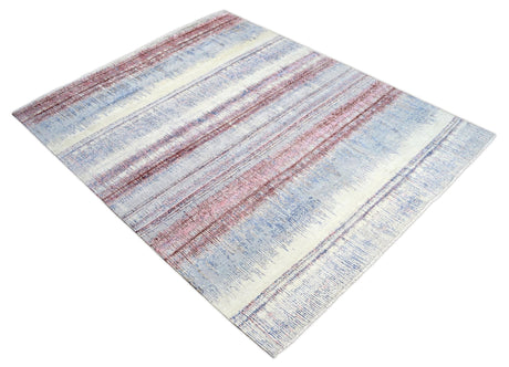 Modern Abstract Rust And Blue Hand Knotted Bamboo Silk 8x10 Area Rug