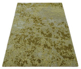 Modern Abstract Shades of Olive and Silver 5x8 Hand knotted wool and art silk area rug